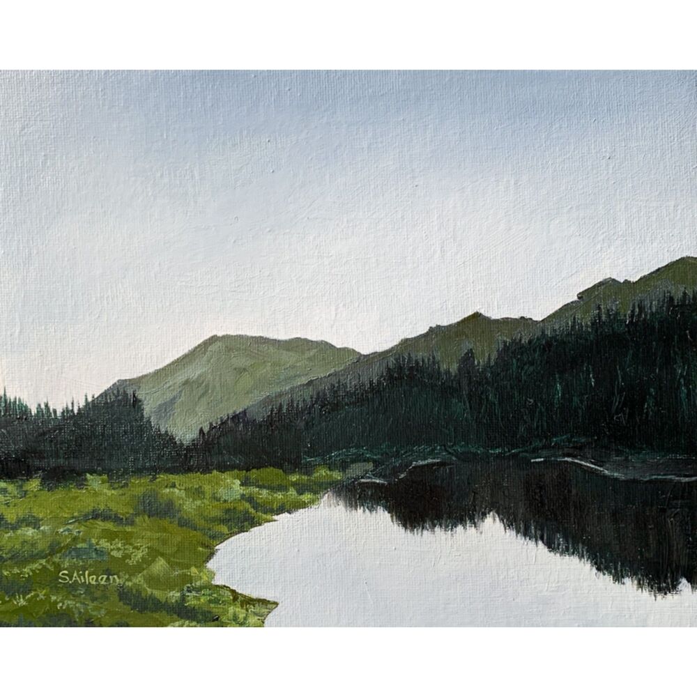 8x10 Original Oil Landscape Painting Alpine Lake Pines Mountains Grass Signed